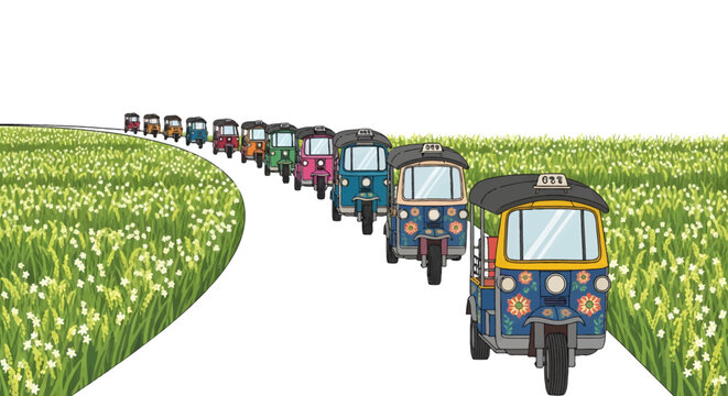 colorful tuk tuks driving through a field of flowers