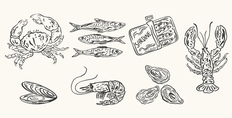 Hand drawn Mediterranean italian seafood. Set of sardines, lobster, oysters, fish, shrimp, mussels, crab. Ink doodle food sketch for menu, greeting ,cards, poster, invitation, postcard, packaging   © PawLoveArt