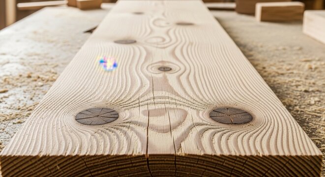 Close-up of Unvarnished Pine Wood Plank Surface With Prominent Grain and Knots