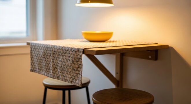 Compact dining nook featuring a wall-mounted drop-leaf table with a yellow bowl and stools under warm lighting