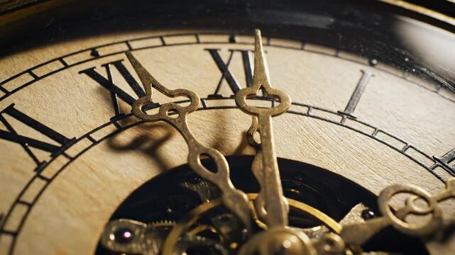 Antique clock with Roman numerals ticking in a close-up time motion shot