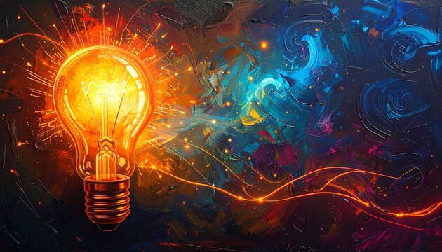   
A glowing bulb radiates orange sparks against swirling blue and pink patterns, symbolizing creativity, innovation, and the birth of bright ideas.