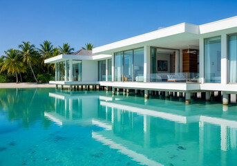 Fototapeta premium A luxurious modern villa overlooking a serene turquoise pool and palm trees