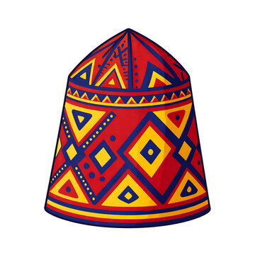 Traditional Bengali Pohela Boishakh Topor Hat Illustration, Colorful Folk Art Style Headgear for Bengali New Year, Isolated Festive Icon on White Background.
