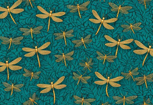 Seamless textile pattern with golden dragonflies on a teal blue background