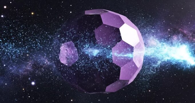 A futuristic purple soccer ball emitting electric energy in a cosmic space environment