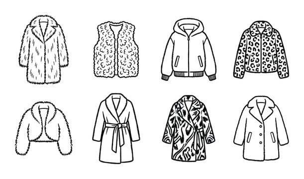 Luxury fur coat outline set on transparent background for fashion and apparel designs