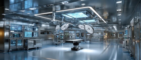 Fototapeta premium High-Tech Operating Room - Sterile, Futuristic Surgical Suite with Advanced Medical Equipment.