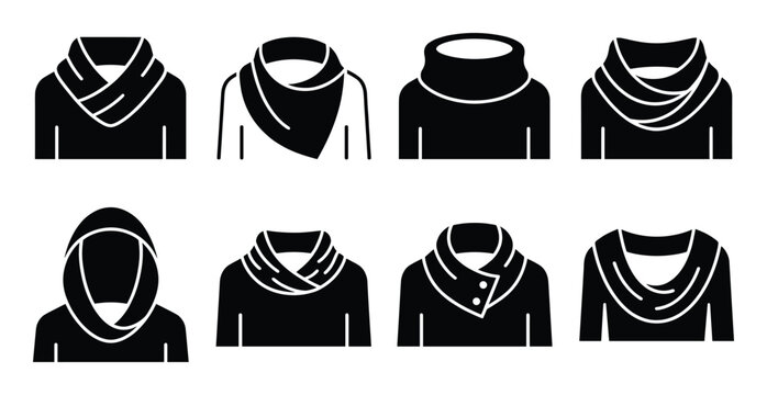 Neckline and scarf fashion icons set showing various sweater collar styles and winter accessories