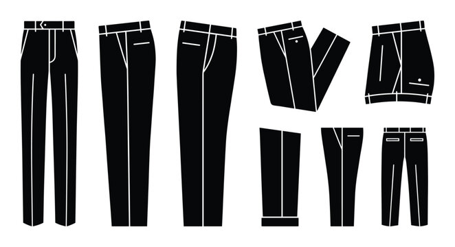 Set of black and white formal pants in various styles and folded arrangements for men