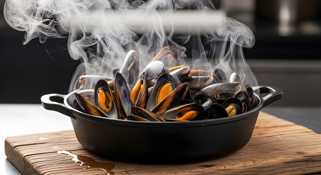 Fresh steaming mussels in cast iron pan on wooden board