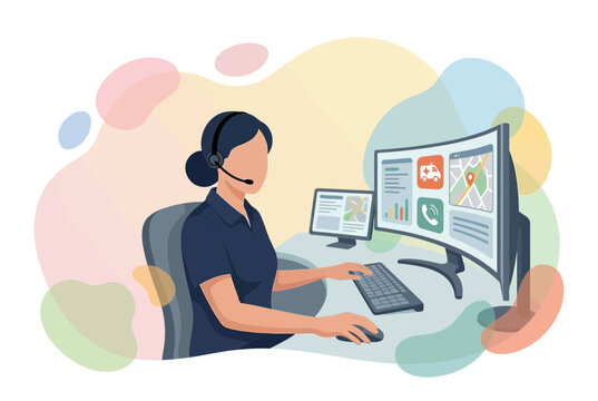 Female Emergency Dispatcher Operating 911 Call Center Workstation