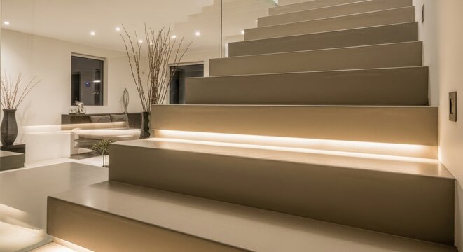Polished Concrete Staircase with Warm Ambient Lighting in a Modern Interior Design