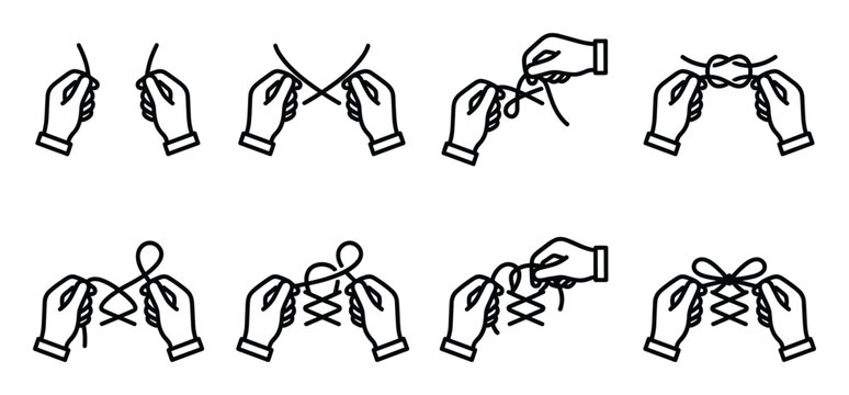 Set of hands tying shoelace step by step outline icons. instruction for tying shoes vector illustration
