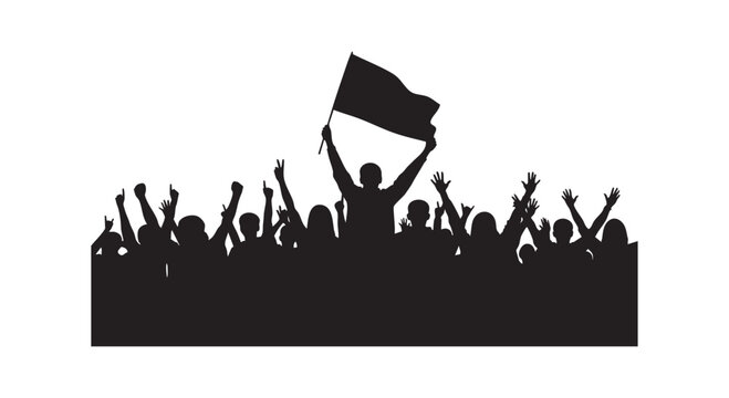 Cheerful crowd of people at concert or public protest raising hands and holding flag isolated silhouette background art.