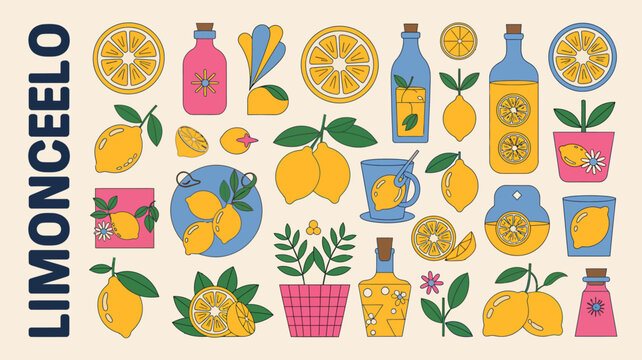 A colorful illustrative pattern showcases lemons orange slices bottles and floral elements arranged on a light beige background high quality professional detailed modern elegant stylish clean