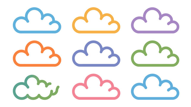 A collection of nine colorful outlined clouds arranged in a three by three grid on a clean white background high quality professional detailed modern elegant stylish