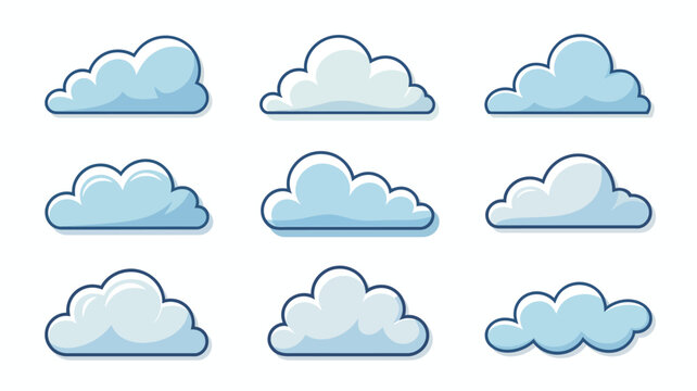 A collection of nine cartoon style clouds is displayed against a white background varying in shape and size high quality professional detailed modern elegant stylish clean