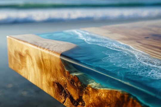 Detailed Epoxy Resin Ocean Wave Art on Wood Slab, Seamlessly Blending with Real Coastal Horizon.