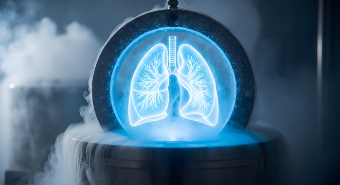 Futuristic glowing human lungs in cryogenic medical research tank