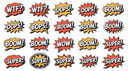 A collection of vibrant comic book style speech bubbles displaying various exclamations like wow boom and oops against a white background high quality professional detailed modern © Digishopppp