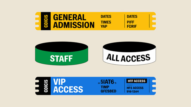 An illustrative image showcases various event access credentials including general admission staff all access and vip passes high quality professional detailed modern elegant stylish clean crisp