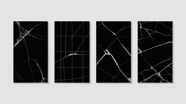 A series of four vertical rectangular panels display abstract black and white cracked or fractured patterns resembling broken glass high quality professional detailed modern elegant stylish