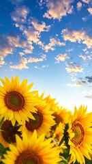 Obraz premium A vertical view showcasing blooming sunflowers bathed in warm sunlight against a bright blue sky dotted with soft clouds
