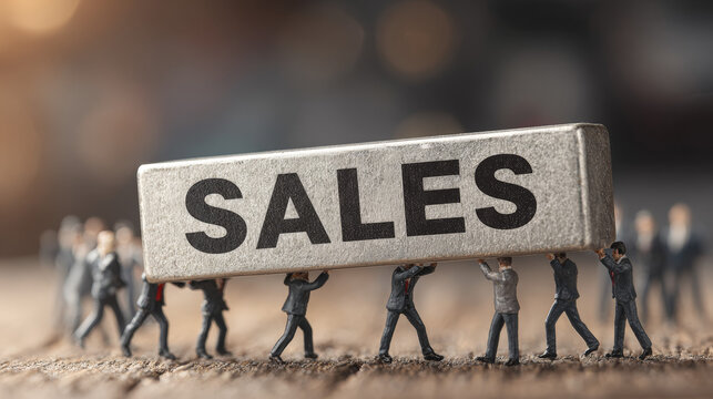 A mannequin of a salesperson is holding a sign indicating the duties of the sales department. Sales department concepts