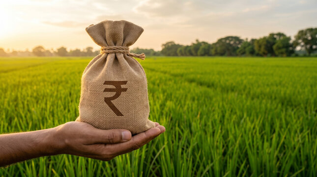 hand holding money bag in lush green crop field representing agricultural prosperity rural finance and wealth growth concept