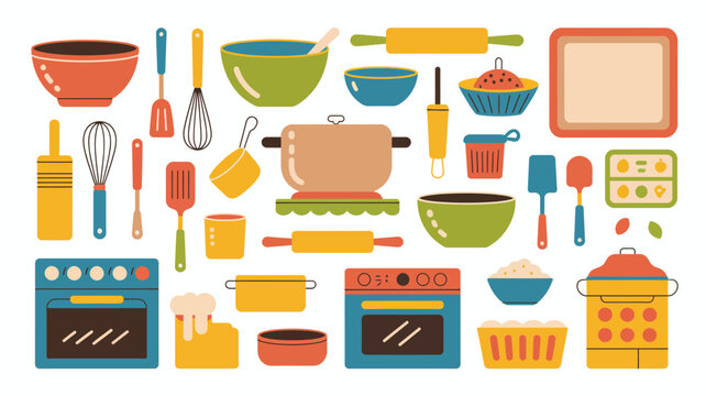A colorful collection of baking and cooking utensils is displayed including bowls pans spatulas whisks and rolling pins high quality professional detailed modern elegant stylish clean