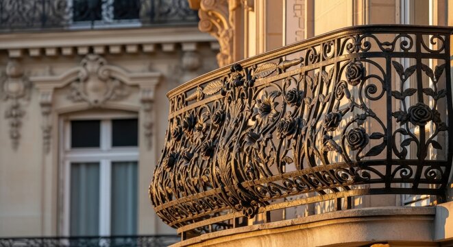 Intricate Cast Iron Balcony Railing with Ornate Floral Designs on a Classical European Building Facade