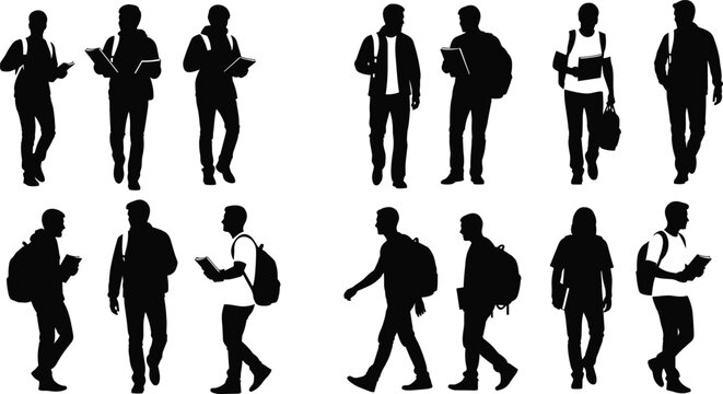Student silhouettes vector set, college and university students walking reading poses, education lifestyle illustration, young people characters, academic design elements pack