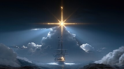 Fototapeta premium Mystical Star guides a tall ship through stormy seas with divine light beams