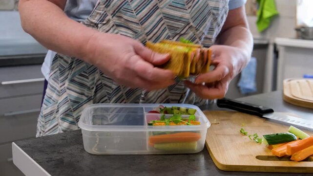 Packing healthy lunchbox with sandwich vegetables and snacks, meal prep process
