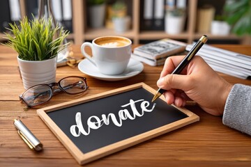 Hand writing the word donate on a small chalkboard at a cozy desk with coffee and glasses