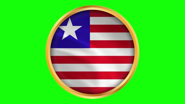 Liberia Round Framed National Wavy Flag. Circular Blowing Flag of Liberia with Golden Border.
