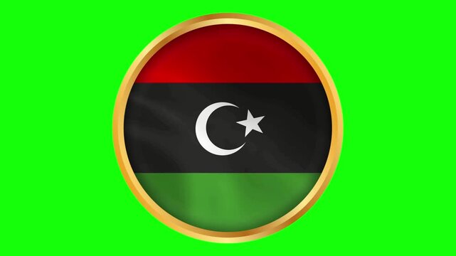 Libya round framed national wavy flag. Circular blowing flag of Libya with golden frame animation.