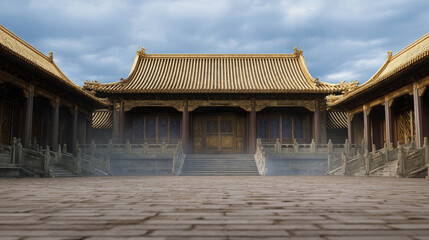 Naklejka premium A captivating view of an ancient Asian palace with intricate architectural details against a cloudy sky