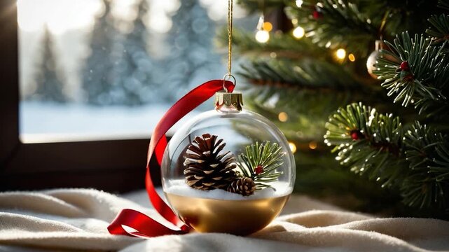 Video A decorative pine cone hangs from a Christmas tree ornament