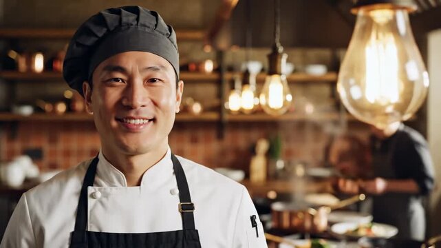 Portrait of a confident smiling male asian chef in a professional kitchen setting.