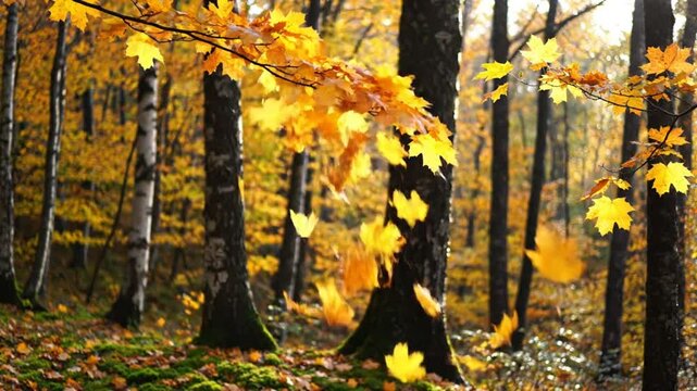 Scenic Autumn Forest with Falling Leaves, Sunlight and Birch Trees in Tranquil Nature Scene