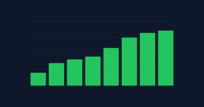 Growth chart 4k video animation with rising green bars on dark background, dynamic motion for business, finance, and data presentations.