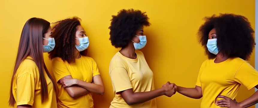 Diverse multiracial fit girls friends wearing face masks give elbow bump showing friendship and social distancing happy interaction among friends concept as Diverse multiracial fit girls friends weari