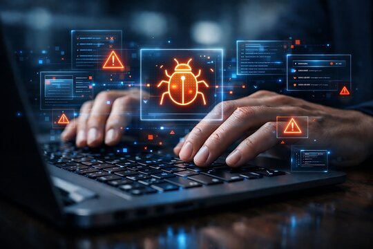 A cinematic, futuristic scene with a hand typing on a laptop, surrounded by glowing floating icons, featuring a prominent digital bug icon, illustrating cybersecurity threats