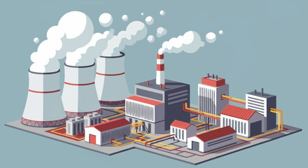 Naklejka premium Isometric Nuclear Power Plant Illustration with Cooling Towers and Buildings.