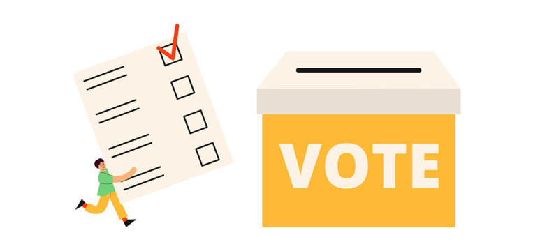 Voter are holding paper ballot with ticks, democratic decision in a political campaign. candidates. Flat vector illustration