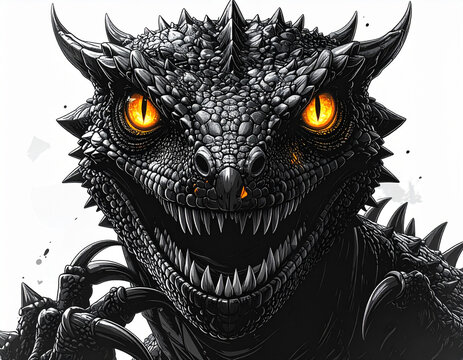 A menacing lizard character with sharp claws and glowing eyes appears on a white background.
