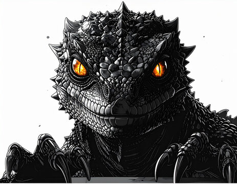A sinister lizard character with sharp claws and glowing eyes appears menacing on a white background.
