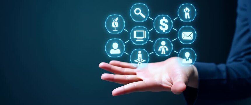 Hand displaying holographic employee benefits icons with empty space theme representing compensation strategy concept as Hand presenting holographic employee benefits icons showcasing compensation str